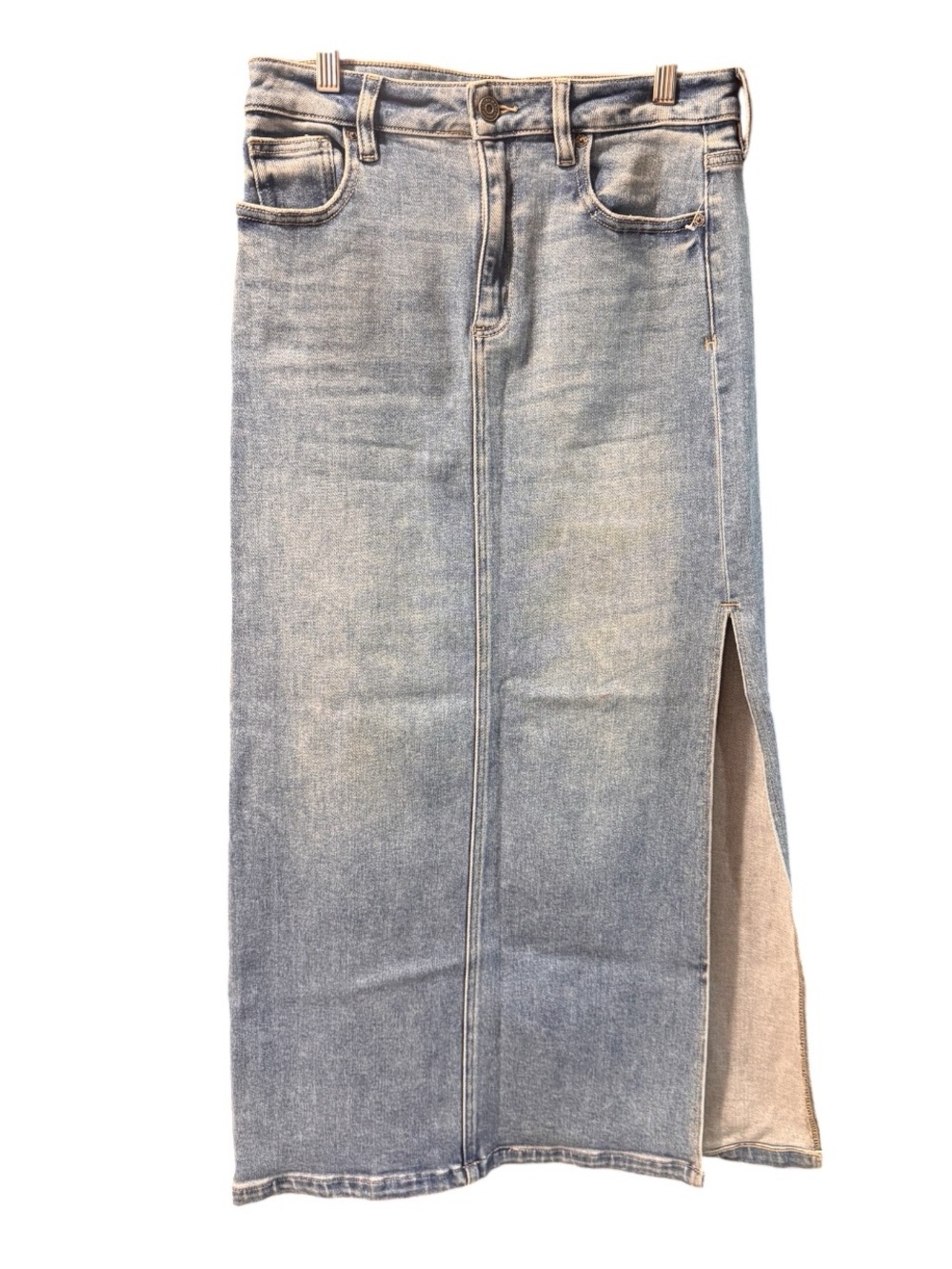 Classic Light Blue Denim Midi Skirt with Side Slit - Picture 2 of 8